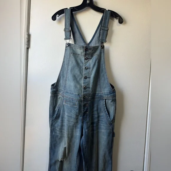 Free People Women's Button Front Blue Denim Overalls Sz 27 - Picture 4 of 13